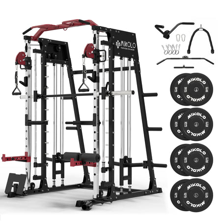 Smith Machine Home Gym, 2200 Lbs Power Rack Cage with Cable Crossover, Weight Bar, 360° Landmine, Barbell Holders and Other Attachments, Total Body Strength Training Cage