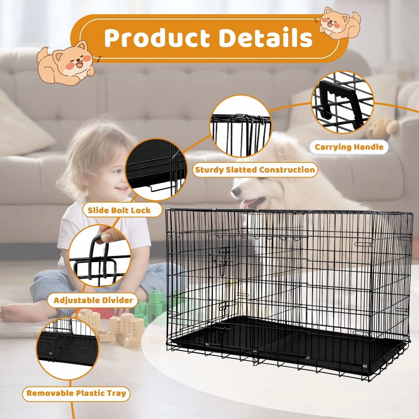 48 Inch Jaula Para Perro, Jaulas Y Perreras Para Perro Grande Plegable Jaula Grande Para Perros Grandes Con Asa Jaula De Alambre Metálico Para Exteriores De Doble Puerta Con Bandeja De Plástico Para Perros Medianos, Negro