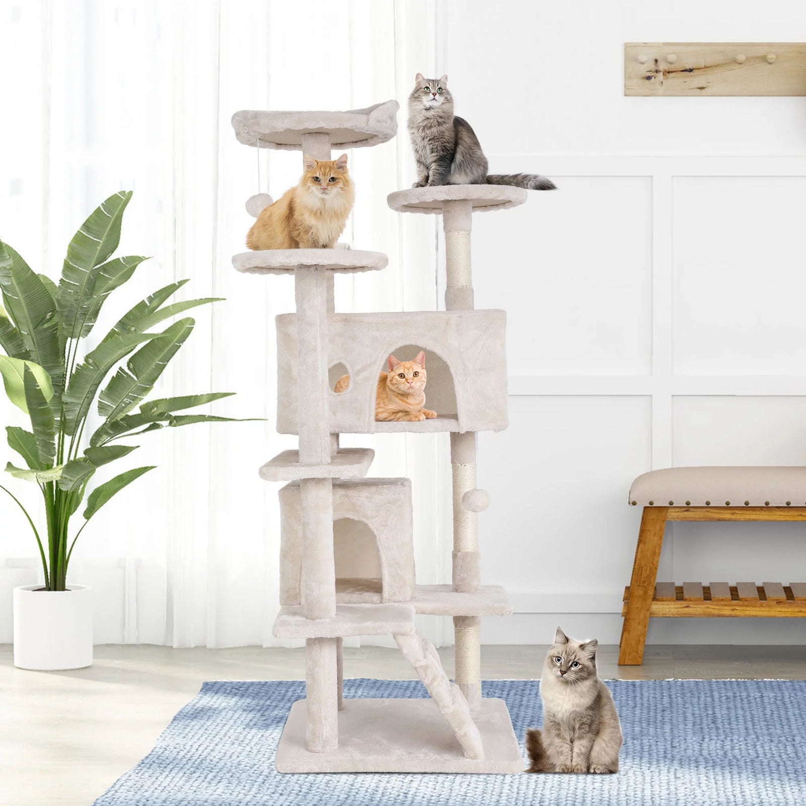 Torre De Juego De 54 Pulgadas Con Doble Condominio Cat Tree Con Poste Rascador Y Percha Para Interiores, Beige