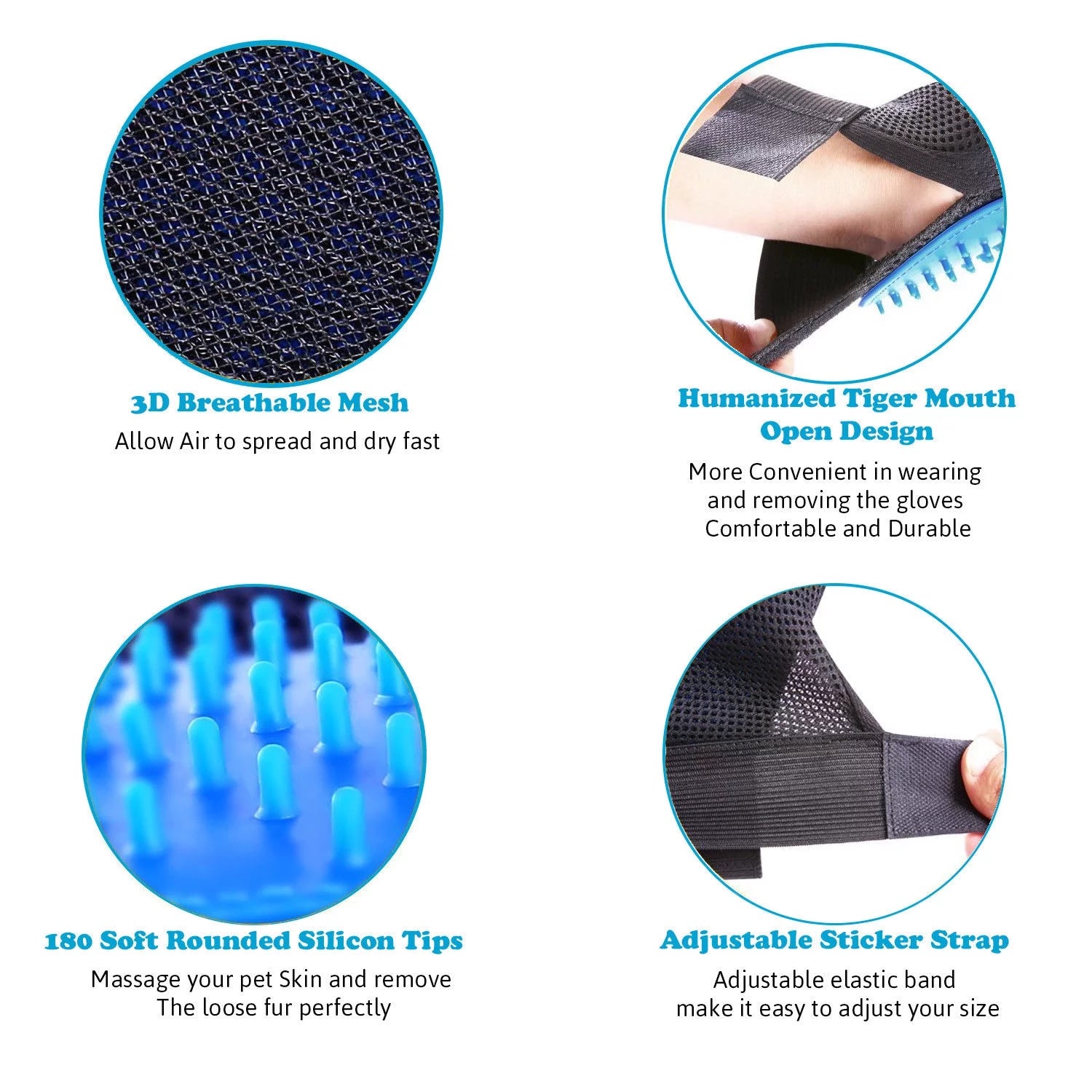 Manoplas De Aseo Para Mascotas Cepillo Removedor De Pelo De Perro Gato Manopla Masaje Desprendimiento 1 Par Azul