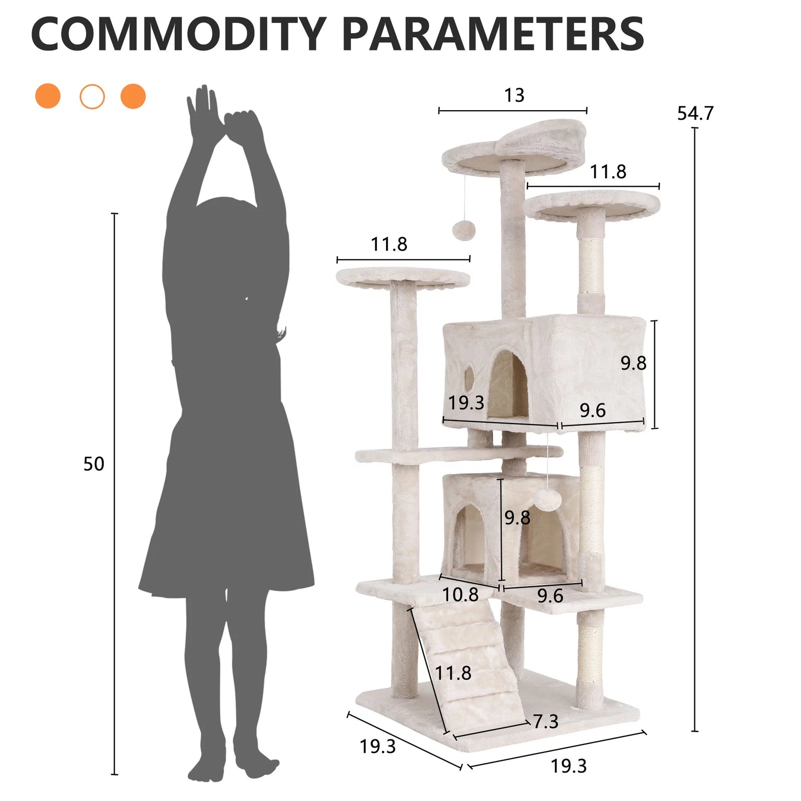 Torre De Juego De 54 Pulgadas Con Doble Condominio Cat Tree Con Poste Rascador Y Percha Para Interiores, Beige