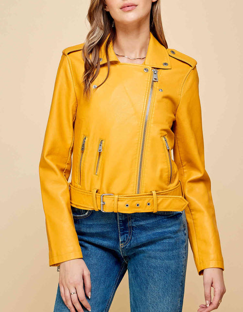 Load image into Gallery viewer, Women'S Asymmetrical Faux Lether Belted Moto Jacket XL MUSTARD
