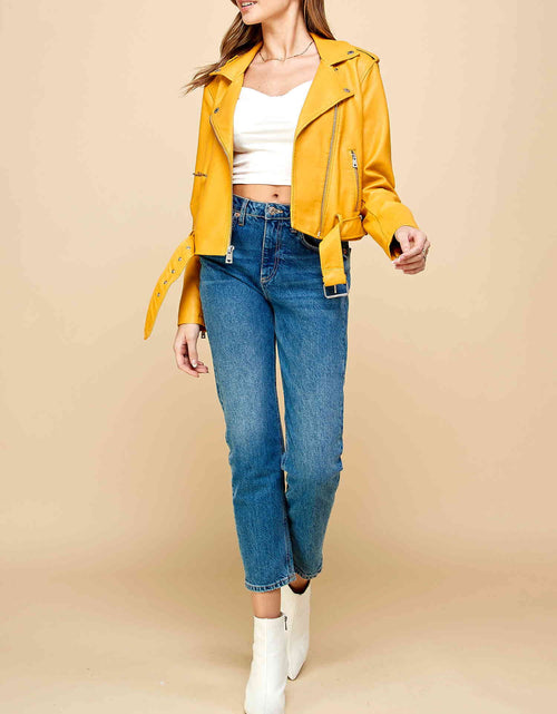 Load image into Gallery viewer, Women'S Asymmetrical Faux Lether Belted Moto Jacket XL MUSTARD

