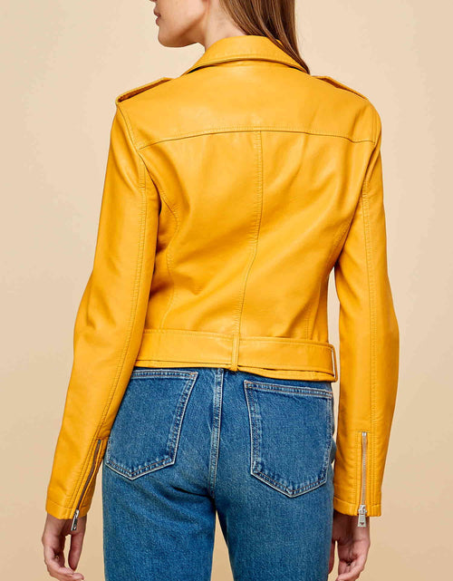 Load image into Gallery viewer, Women'S Asymmetrical Faux Lether Belted Moto Jacket XL MUSTARD
