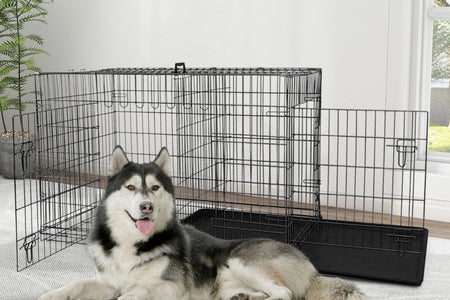 48 Inch Jaula Para Perro, Jaulas Y Perreras Para Perro Grande Plegable Jaula Grande Para Perros Grandes Con Asa Jaula De Alambre Metálico Para Exteriores De Doble Puerta Con Bandeja De Plástico Para Perros Medianos, Negro