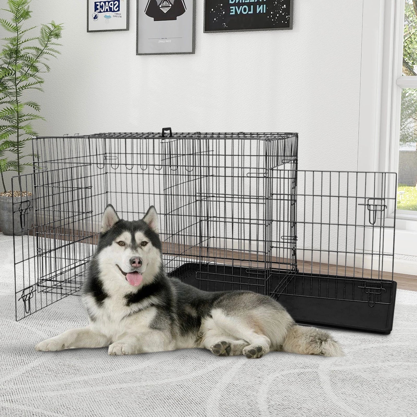48 Inch Jaula Para Perro, Jaulas Y Perreras Para Perro Grande Plegable Jaula Grande Para Perros Grandes Con Asa Jaula De Alambre Metálico Para Exteriores De Doble Puerta Con Bandeja De Plástico Para Perros Medianos, Negro