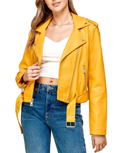 Load image into Gallery viewer, Women'S Asymmetrical Faux Lether Belted Moto Jacket XL MUSTARD

