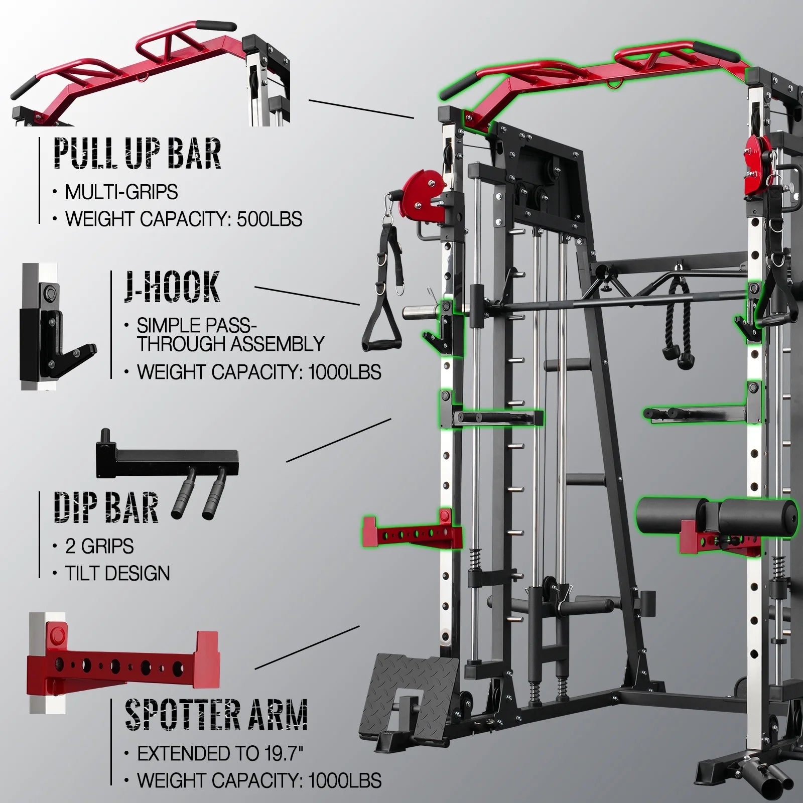 Smith Machine Home Gym, 2200 Lbs Power Rack Cage with Cable Crossover, Weight Bar, 360° Landmine, Barbell Holders and Other Attachments, Total Body Strength Training Cage
