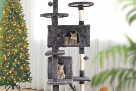 54-In Double Condo Cat Tree Tower Playhouse with Scratching Post & Perch for Indoor, Light Gray