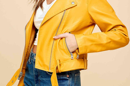 Women'S Asymmetrical Faux Lether Belted Moto Jacket XL MUSTARD