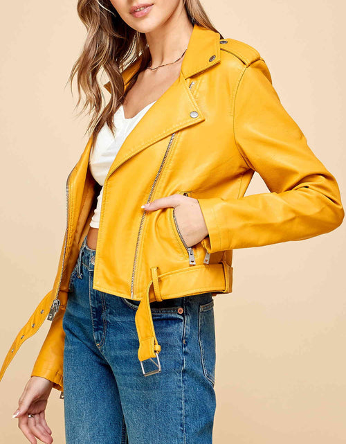 Load image into Gallery viewer, Women'S Asymmetrical Faux Lether Belted Moto Jacket XL MUSTARD
