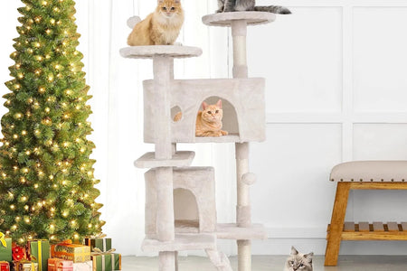 Torre De Juego De 54 Pulgadas Con Doble Condominio Cat Tree Con Poste Rascador Y Percha Para Interiores, Beige