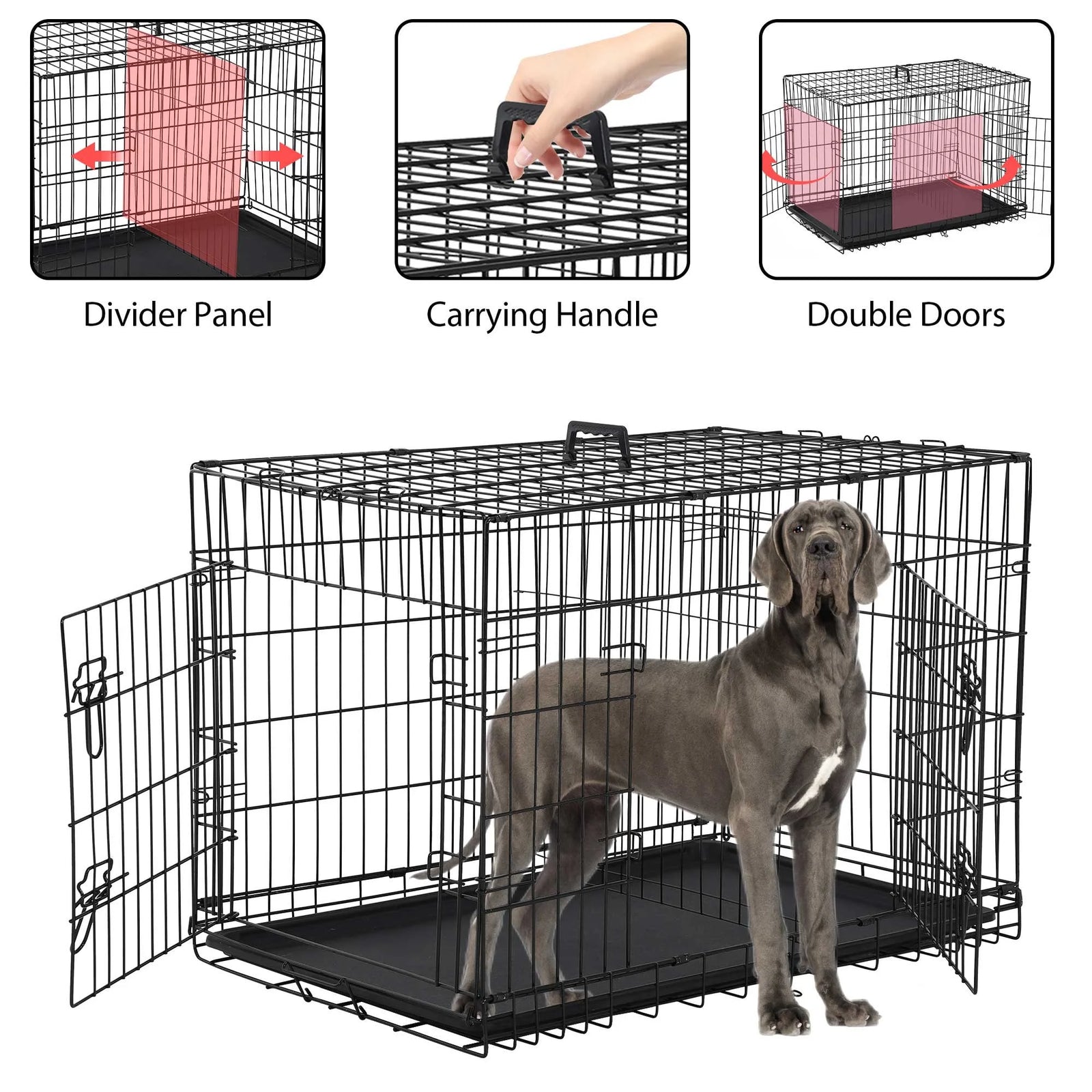 48 Inch Jaula Para Perro, Jaulas Y Perreras Para Perro Grande Plegable Jaula Grande Para Perros Grandes Con Asa Jaula De Alambre Metálico Para Exteriores De Doble Puerta Con Bandeja De Plástico Para Perros Medianos, Negro