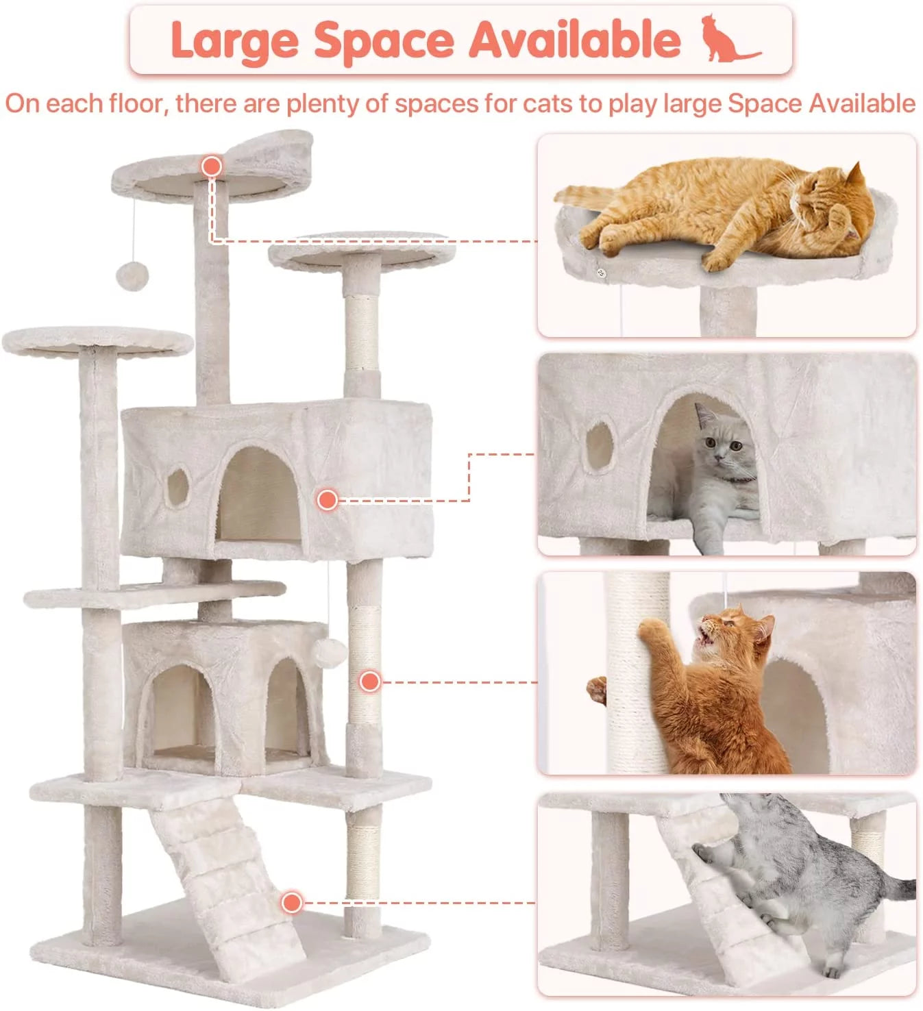Torre De Juego De 54 Pulgadas Con Doble Condominio Cat Tree Con Poste Rascador Y Percha Para Interiores, Beige