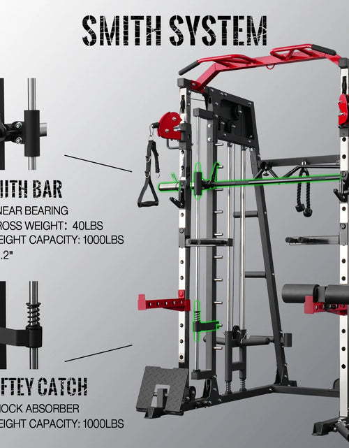 Load image into Gallery viewer, Smith Machine Home Gym, 2200 Lbs Power Rack Cage with Cable Crossover, Weight Bar, 360° Landmine, Barbell Holders and Other Attachments, Total Body Strength Training Cage
